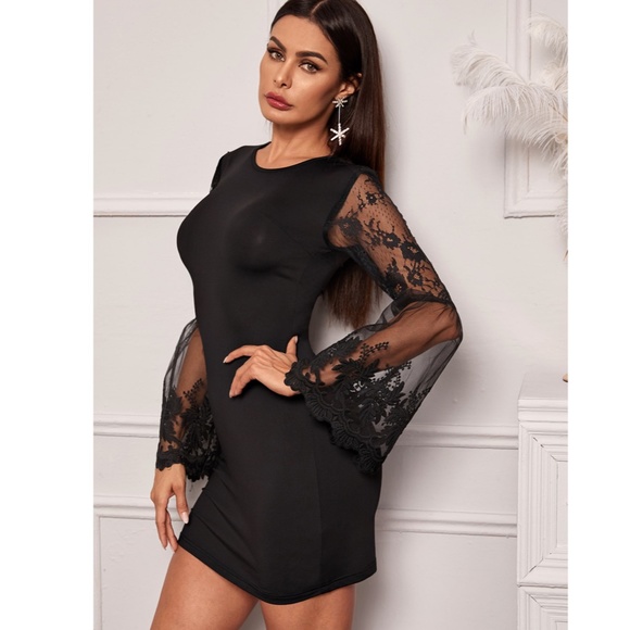 Lace Detail Flounce Sleeve Black Mini Dress - Picture 4 of 7